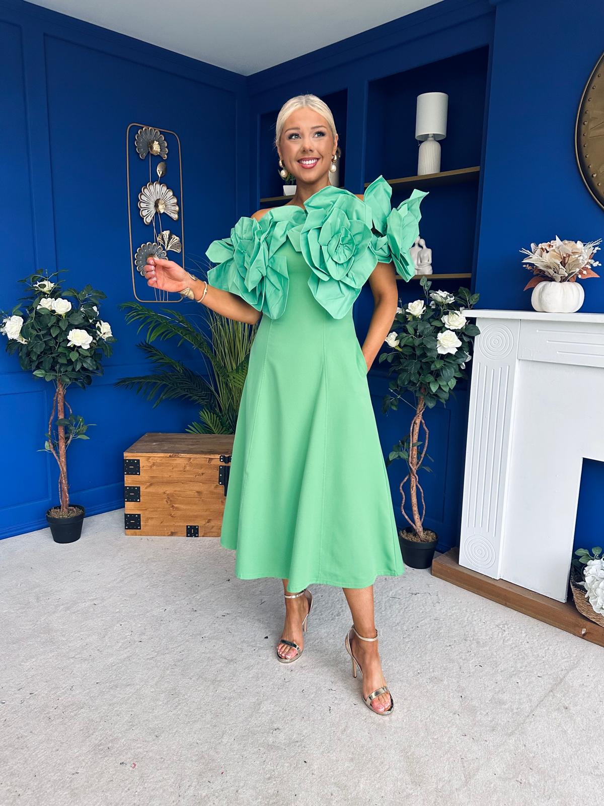 Jackie Floral Detail Occasion Midi Dress Emerald