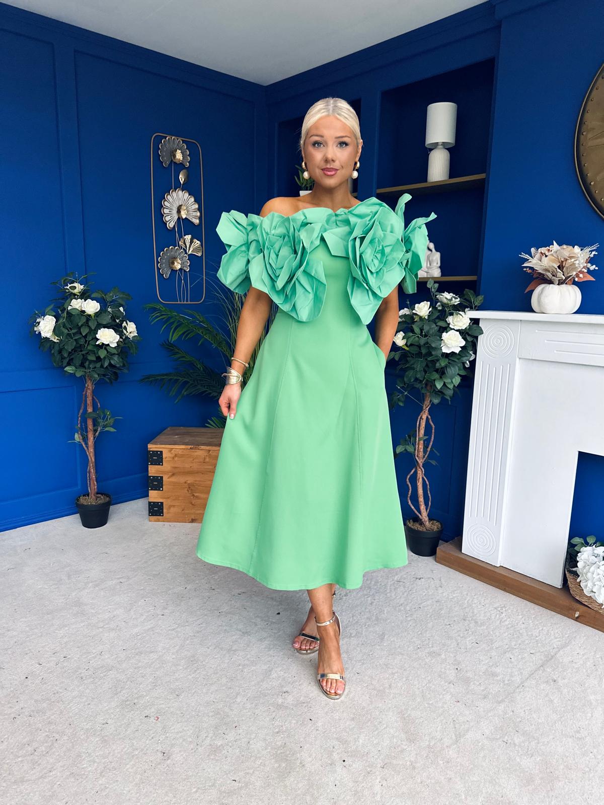 Jackie Floral Detail Occasion Midi Dress Emerald