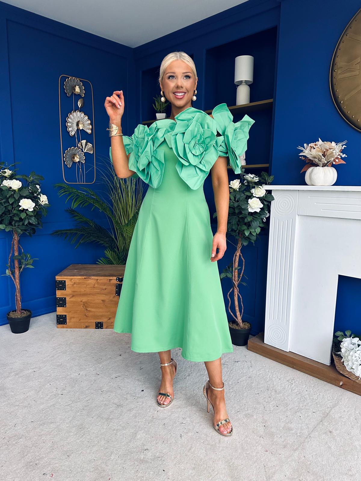 Jackie Floral Detail Occasion Midi Dress Emerald