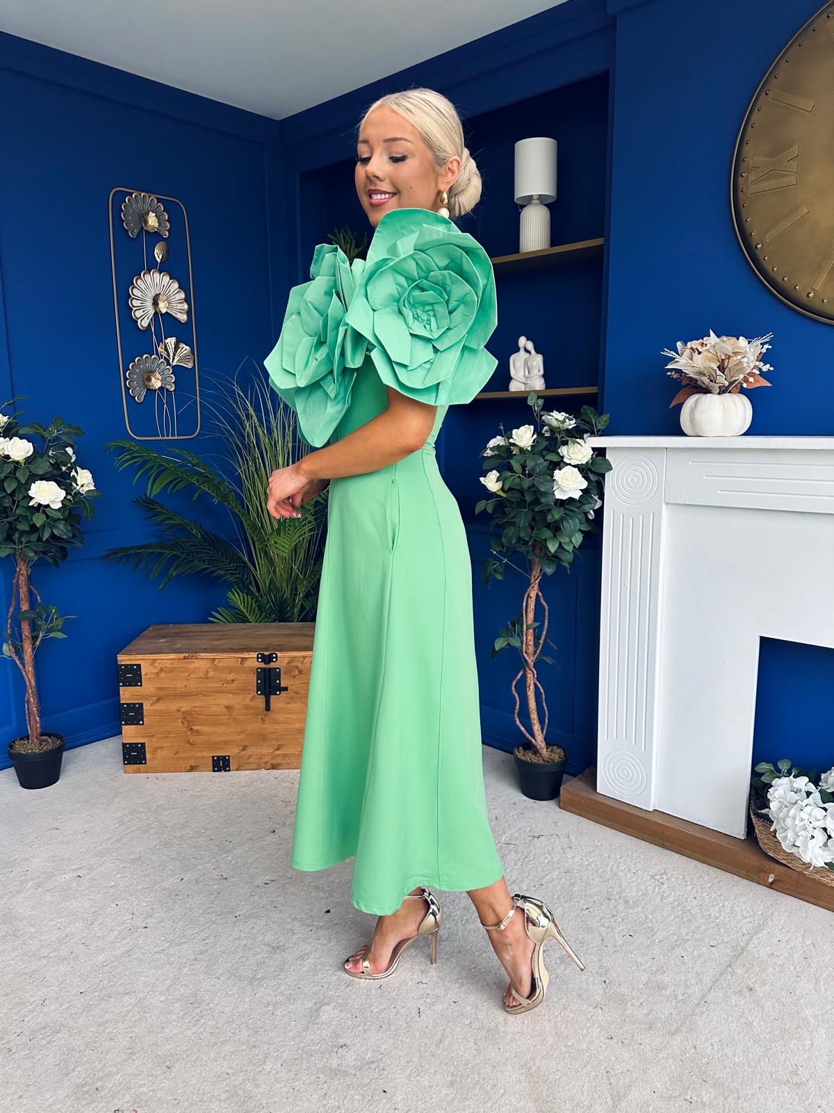 Jackie Floral Detail Occasion Midi Dress Emerald