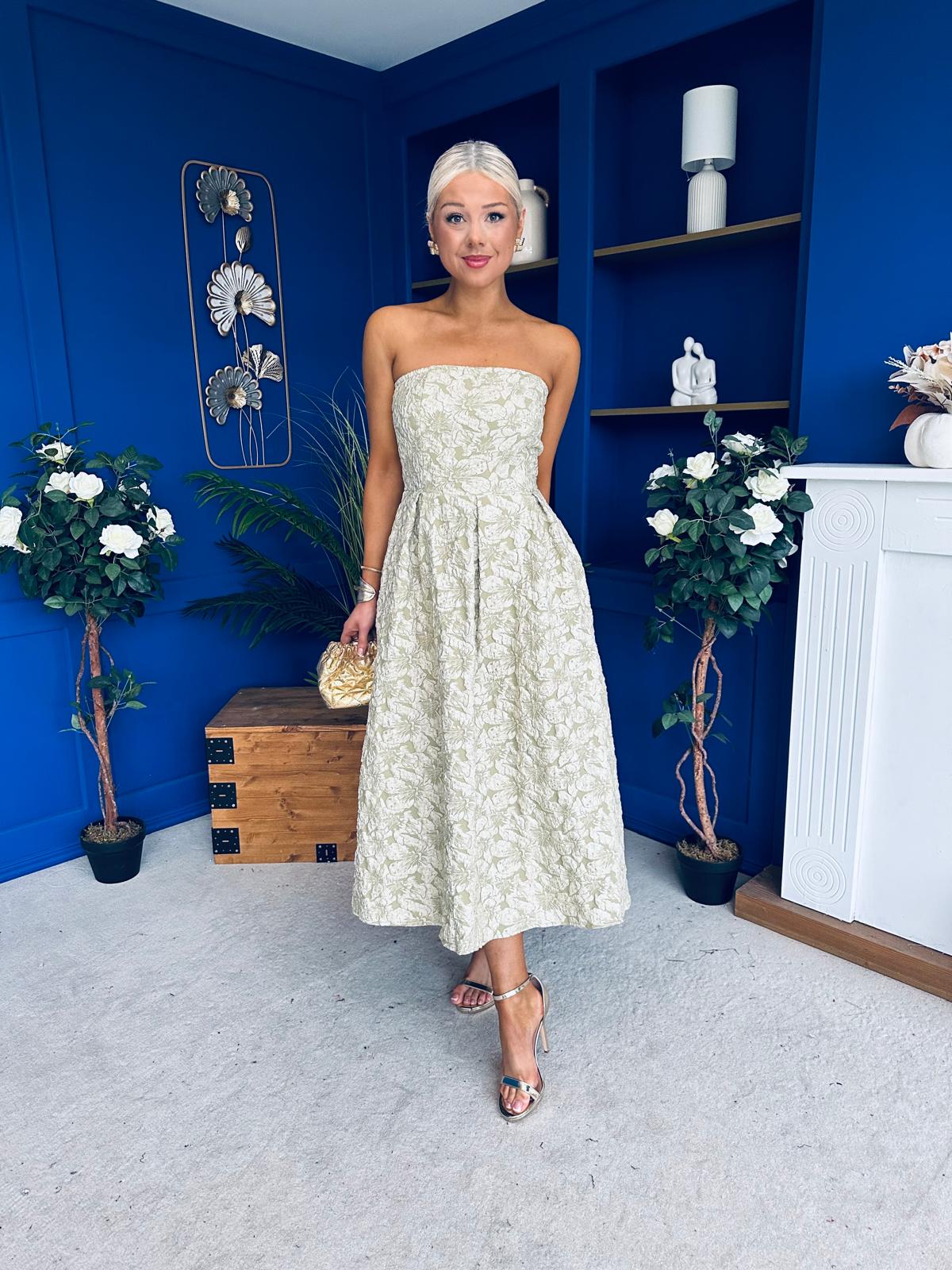 Verona Jacquard Bandeau A-Line Midi Dress Sage Canella Lane Verona Jacquard Bandeau A-Line Midi Dress Sage Canella Lane