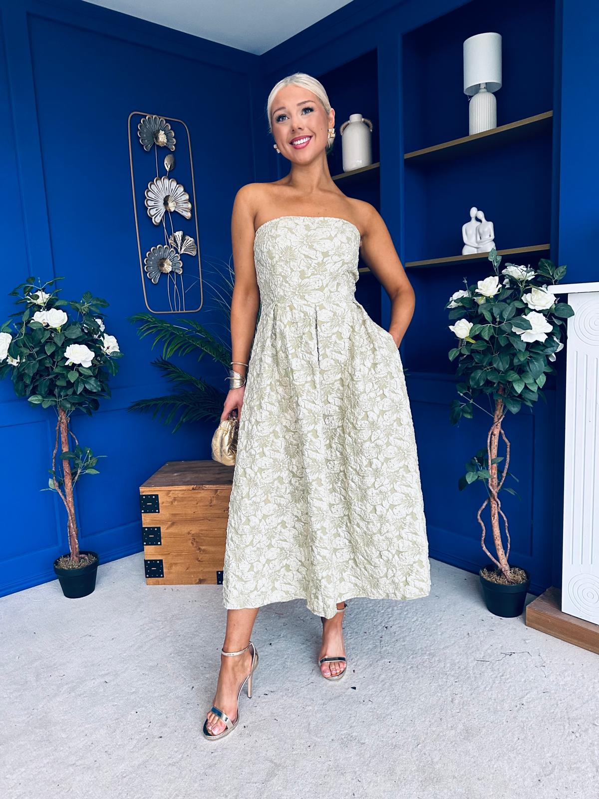 Verona Jacquard Bandeau A-Line Midi Dress Sage
