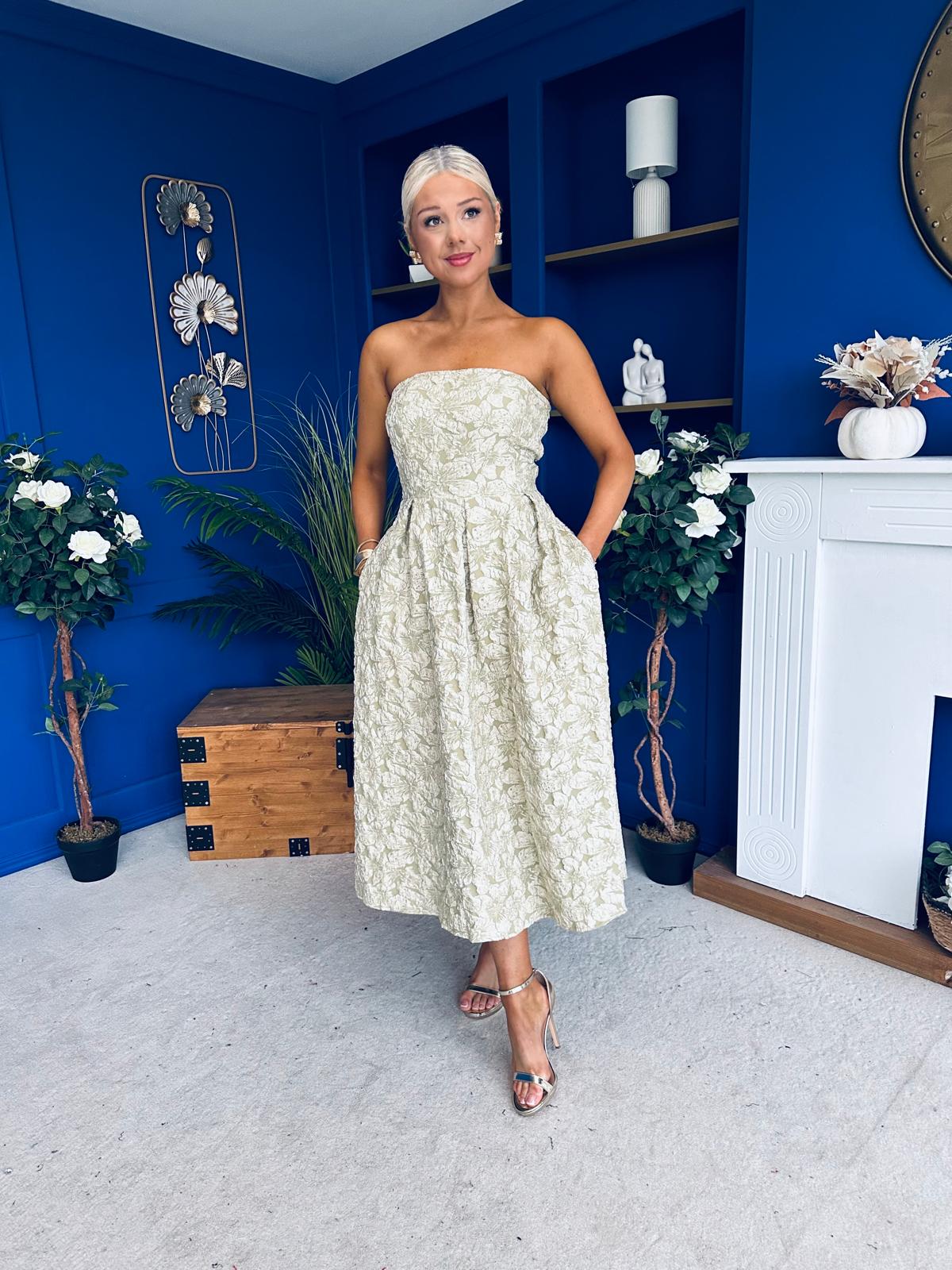 Verona Jacquard Bandeau A-Line Midi Dress Sage