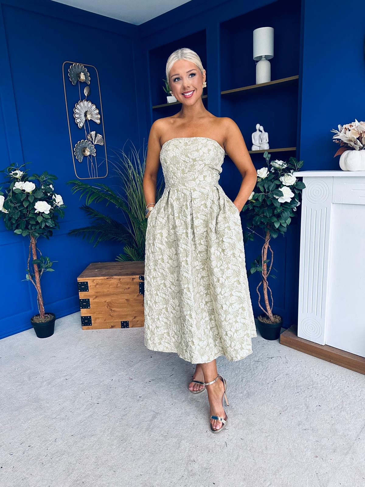 Verona Jacquard Bandeau A-Line Midi Dress Sage