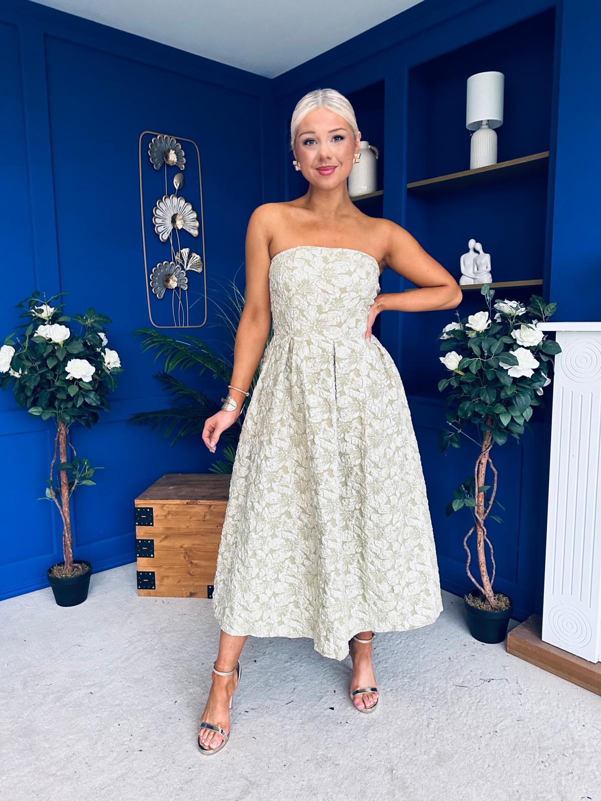 Verona Jacquard Bandeau A-Line Midi Dress Sage – Canella Lane