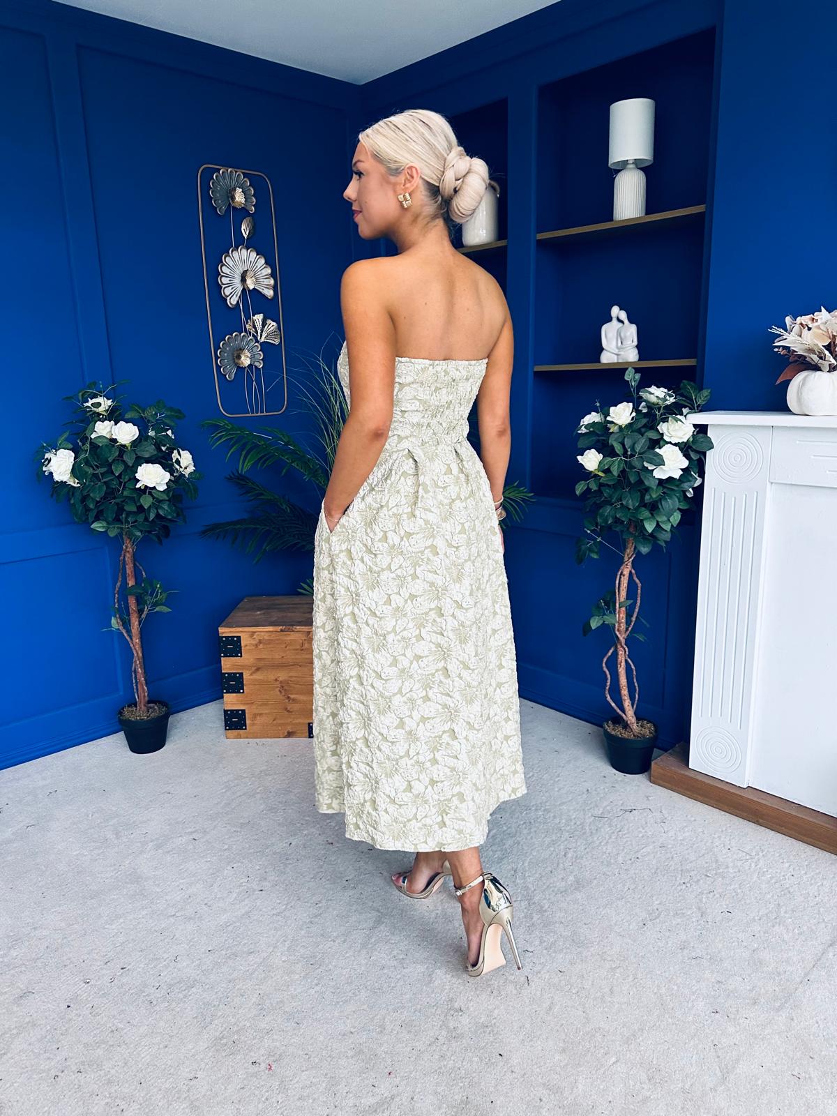 Verona Jacquard Bandeau A-Line Midi Dress Sage