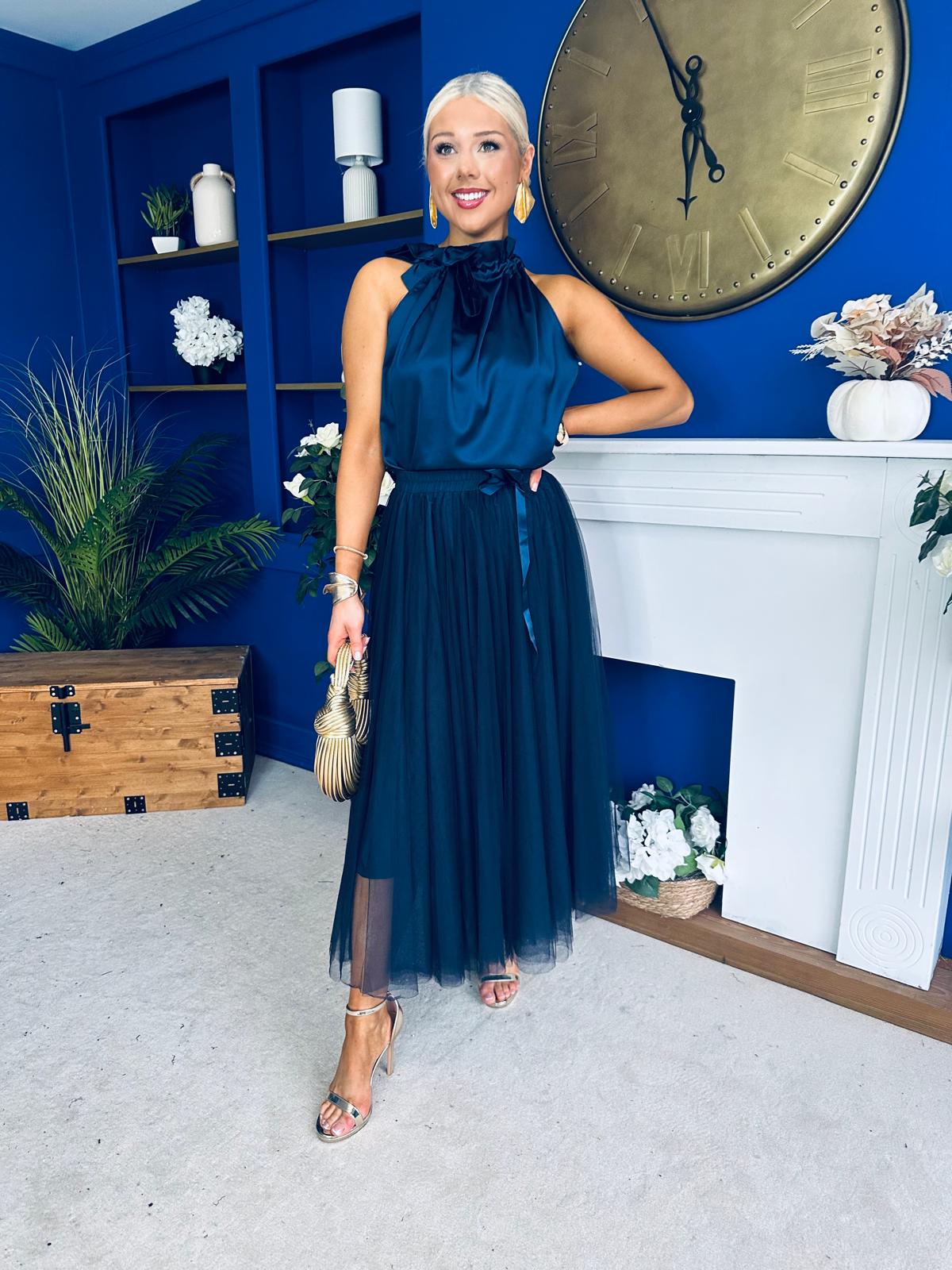 Peyton Halterneck Satin Top Navy