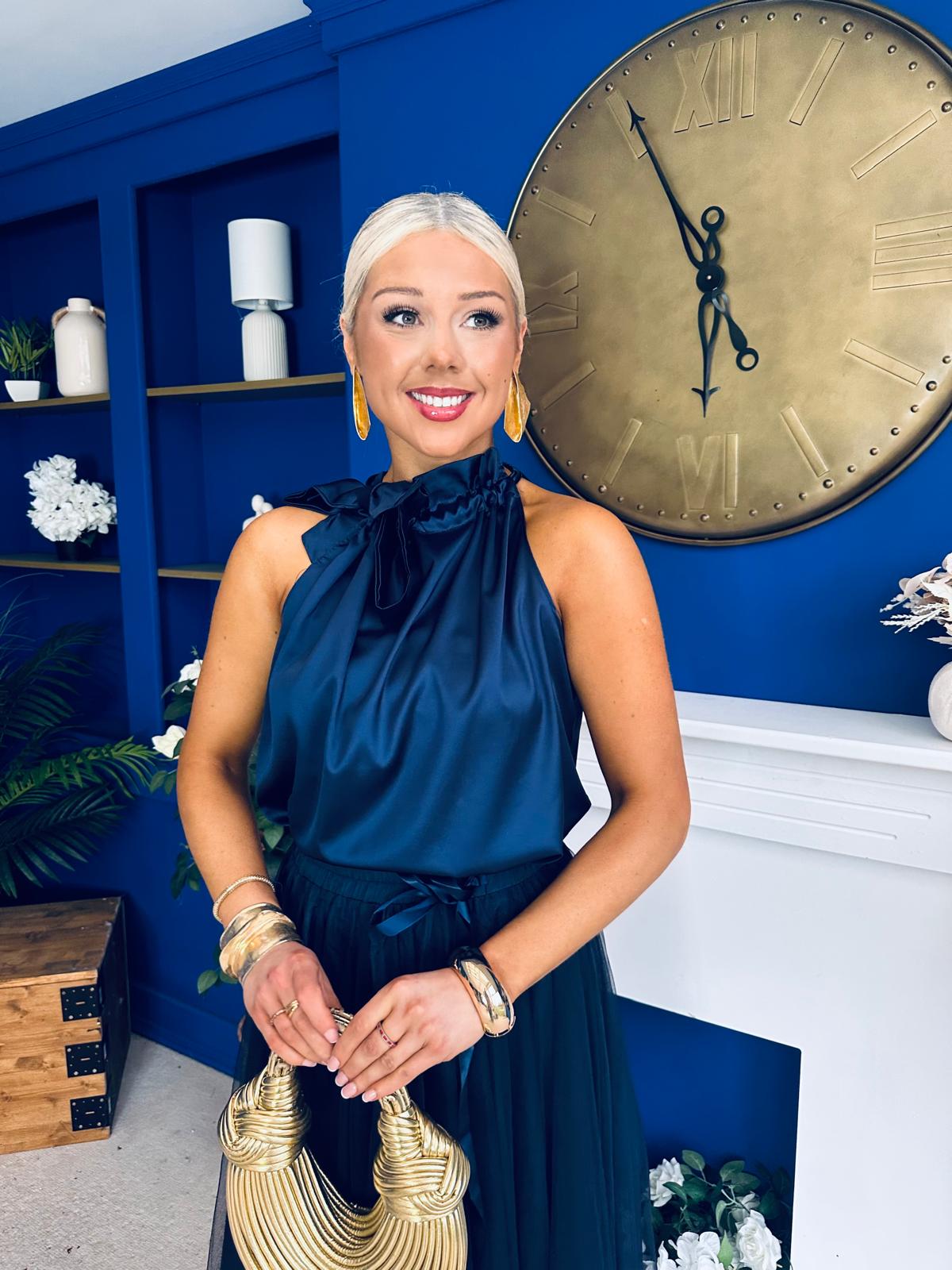 Peyton Halterneck Satin Top Navy