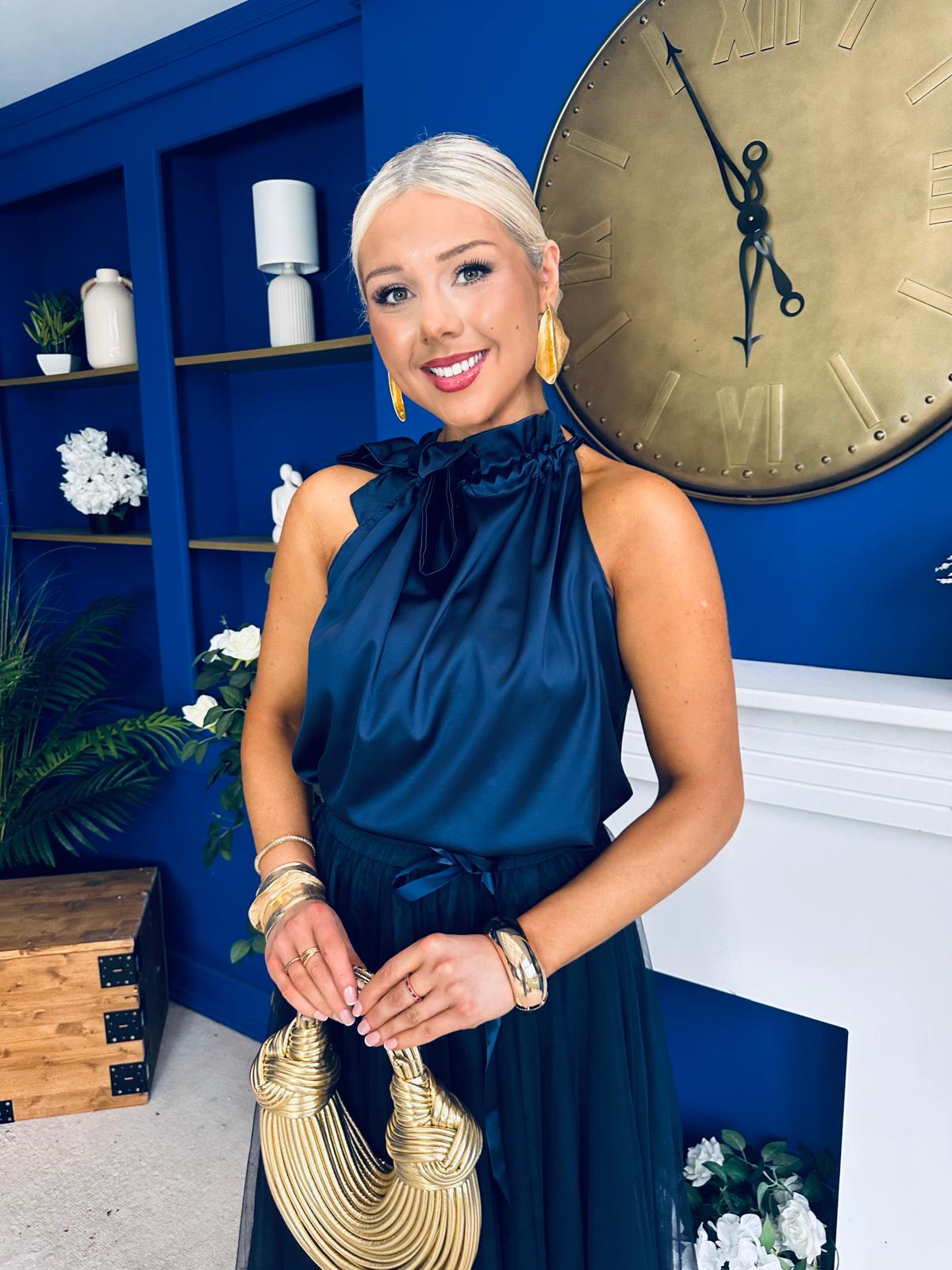 Peyton Halterneck Satin Top Navy