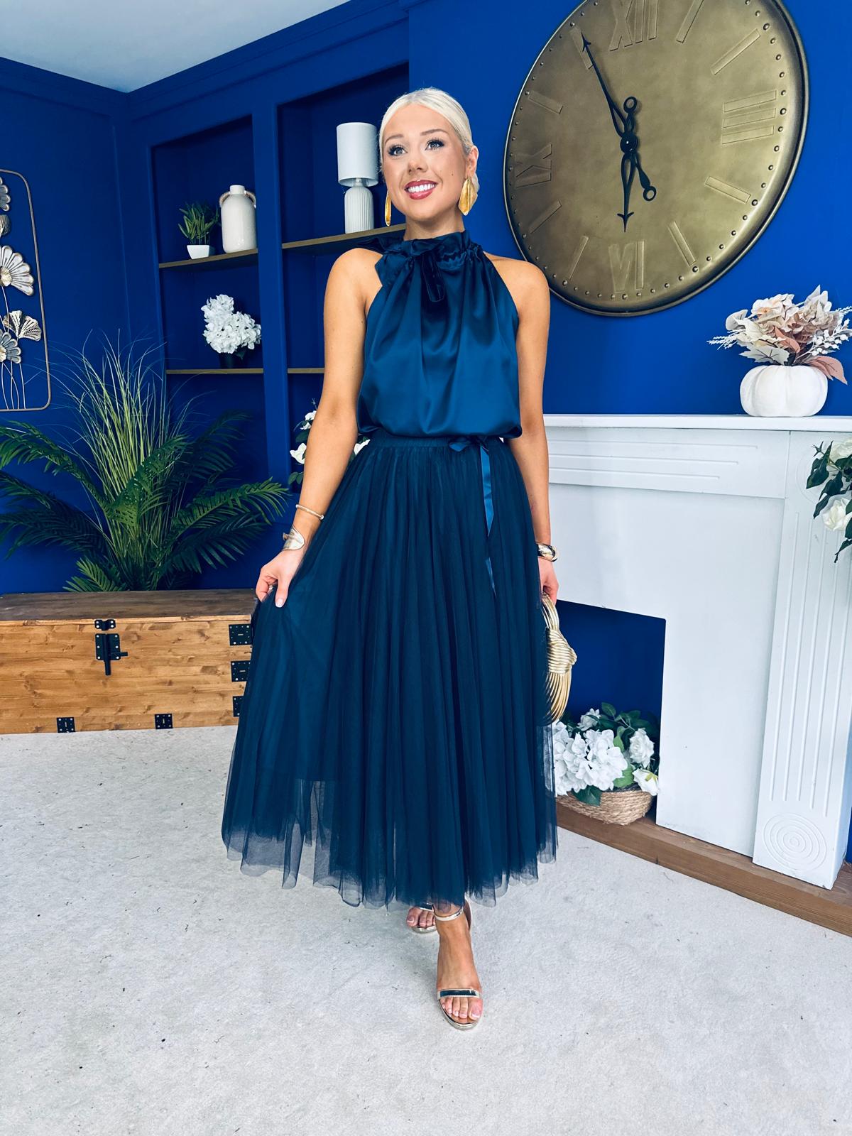 Peyton Halterneck Satin Top Navy