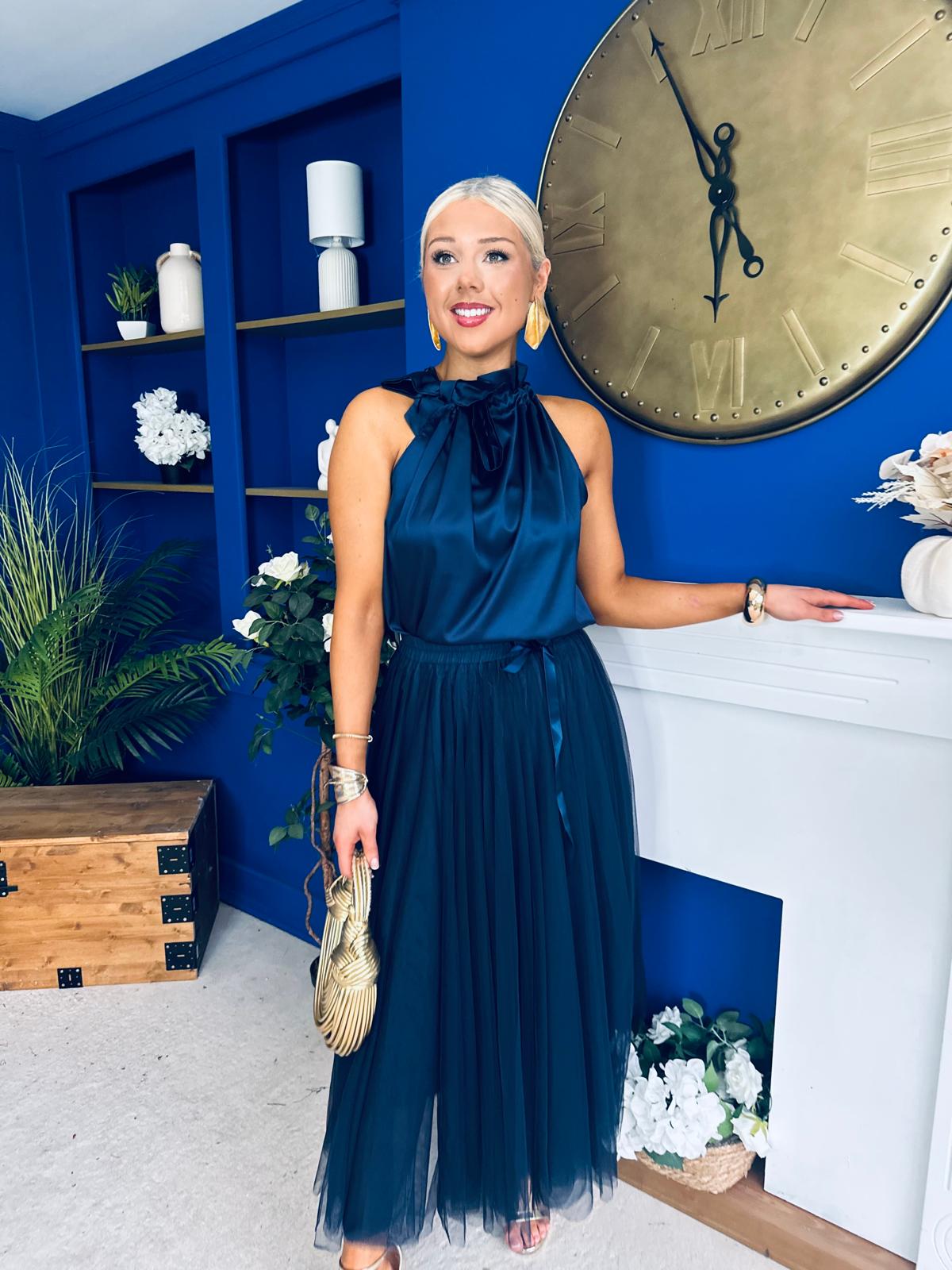 Peyton Halterneck Satin Top Navy