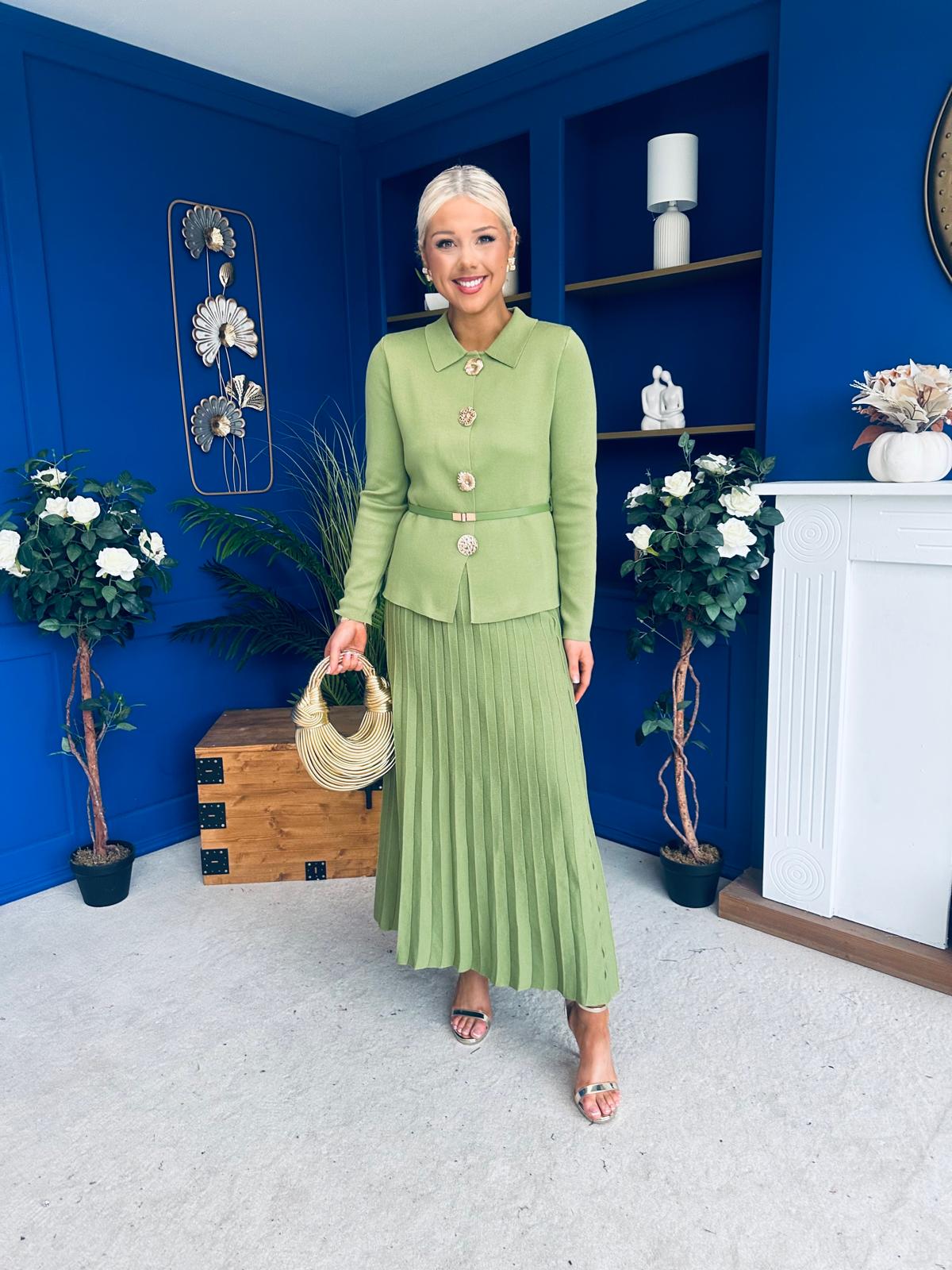 Polly Detailed Skirt & Cardi Set Soft Green