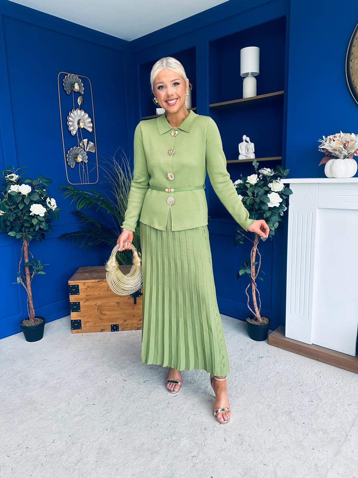 Polly Detailed Skirt & Cardi Set Soft Green