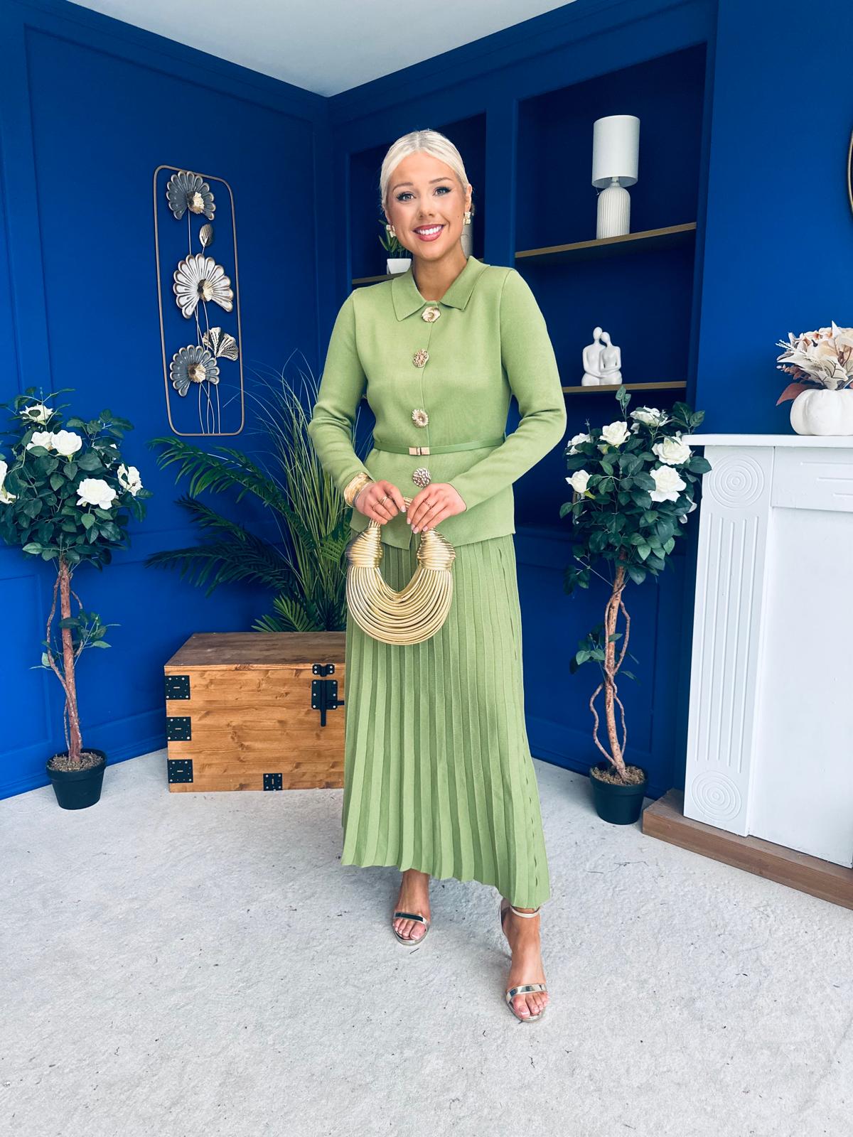 Polly Detailed Skirt & Cardi Set Soft Green