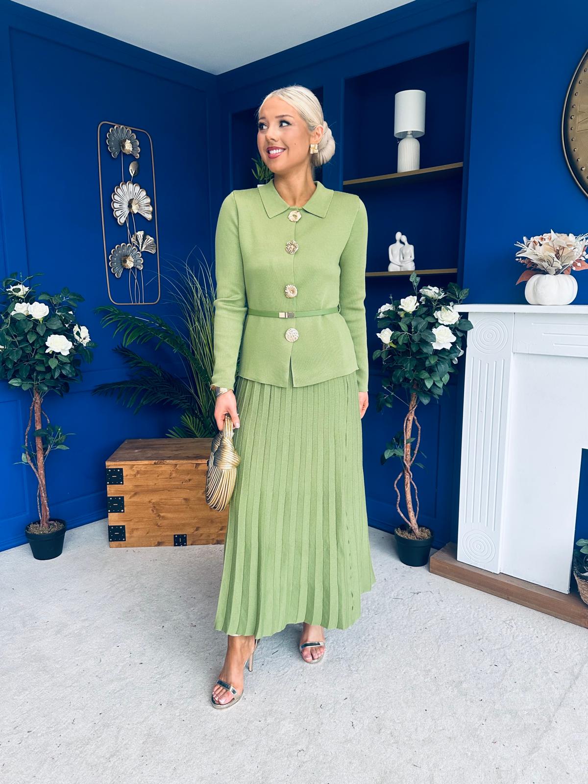 Polly Detailed Skirt & Cardi Set Soft Green