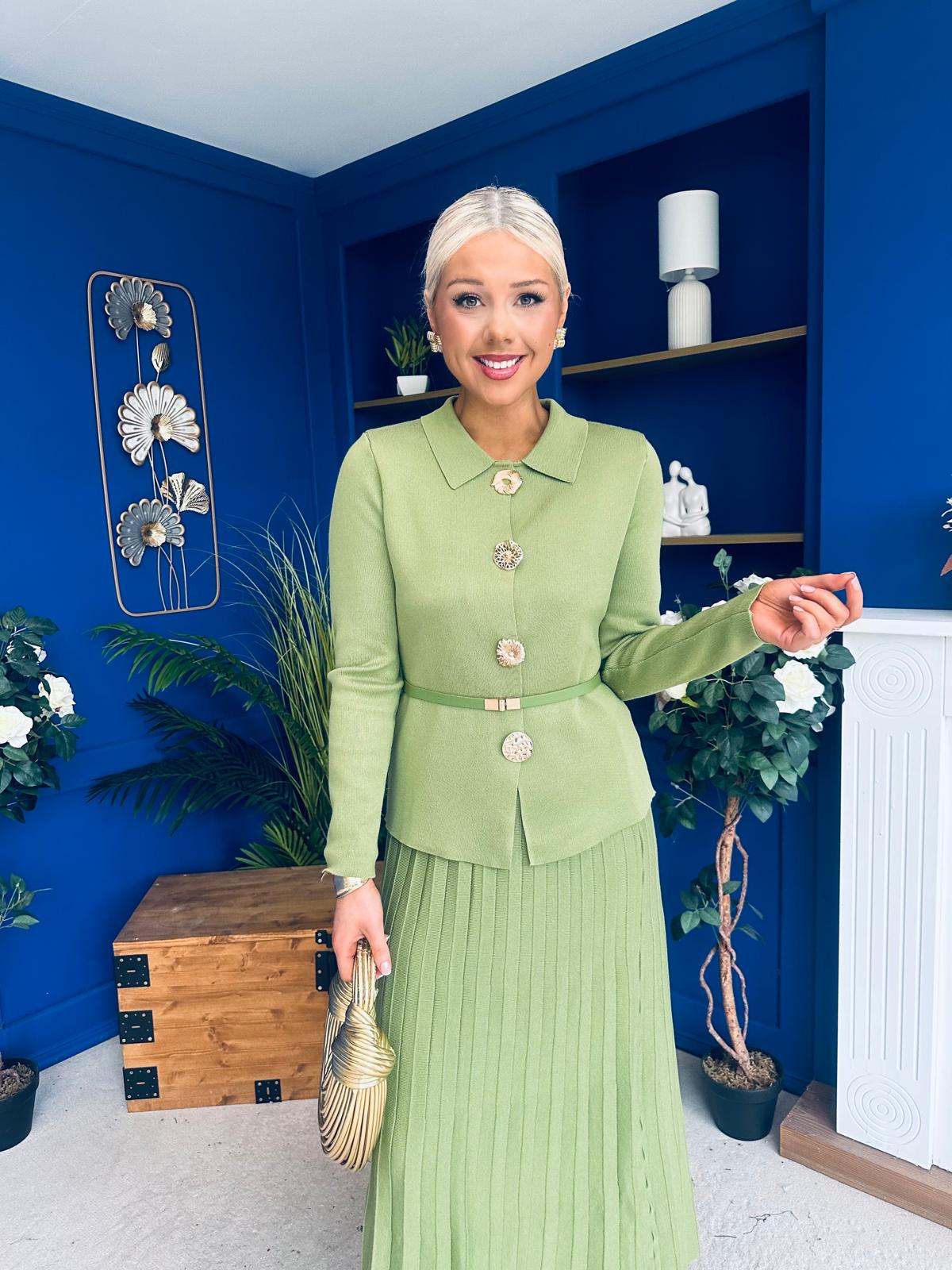 Polly Detailed Skirt & Cardi Set Soft Green