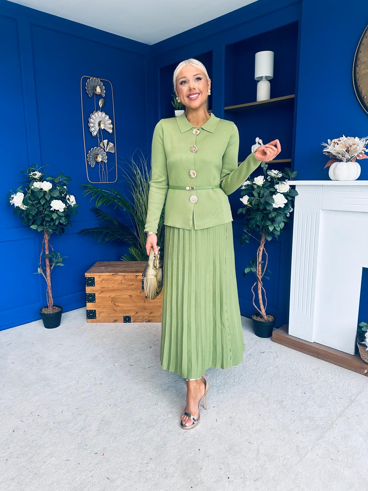 Polly Detailed Skirt & Cardi Set Soft Green