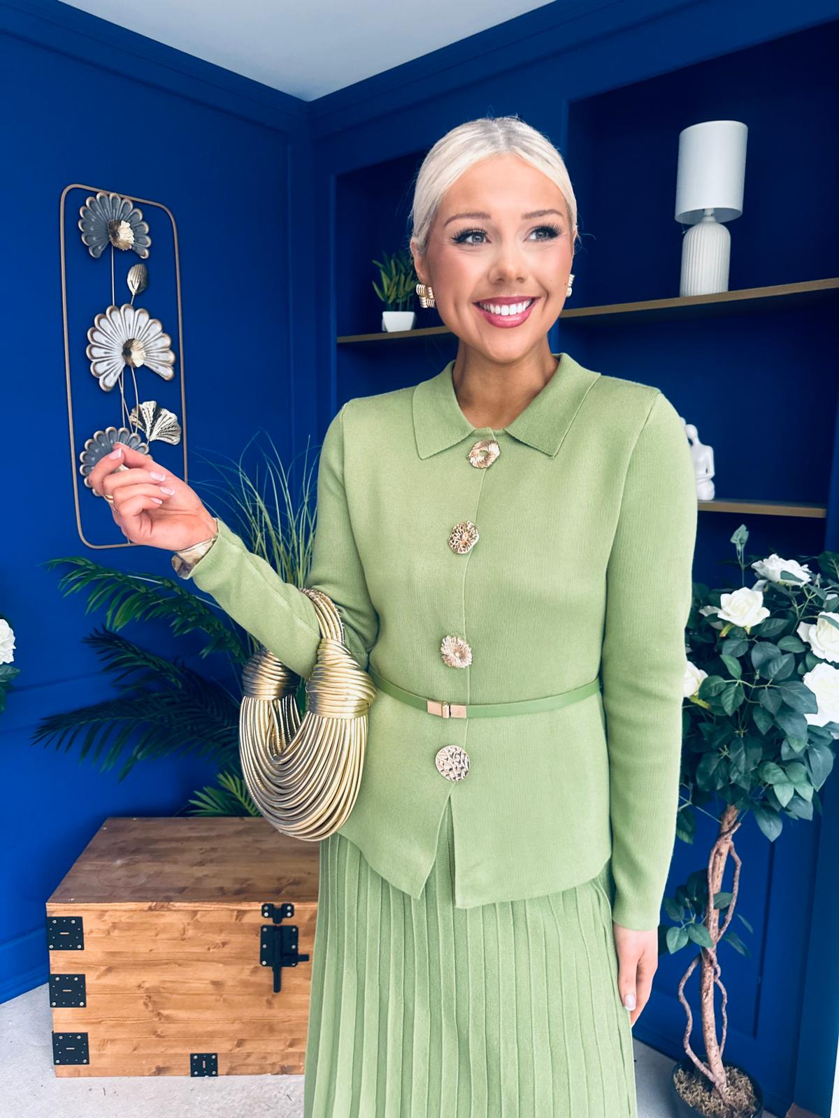 Polly Detailed Skirt & Cardi Set Soft Green