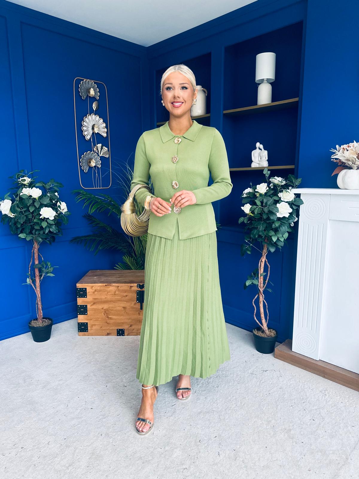 Polly Detailed Skirt & Cardi Set Soft Green