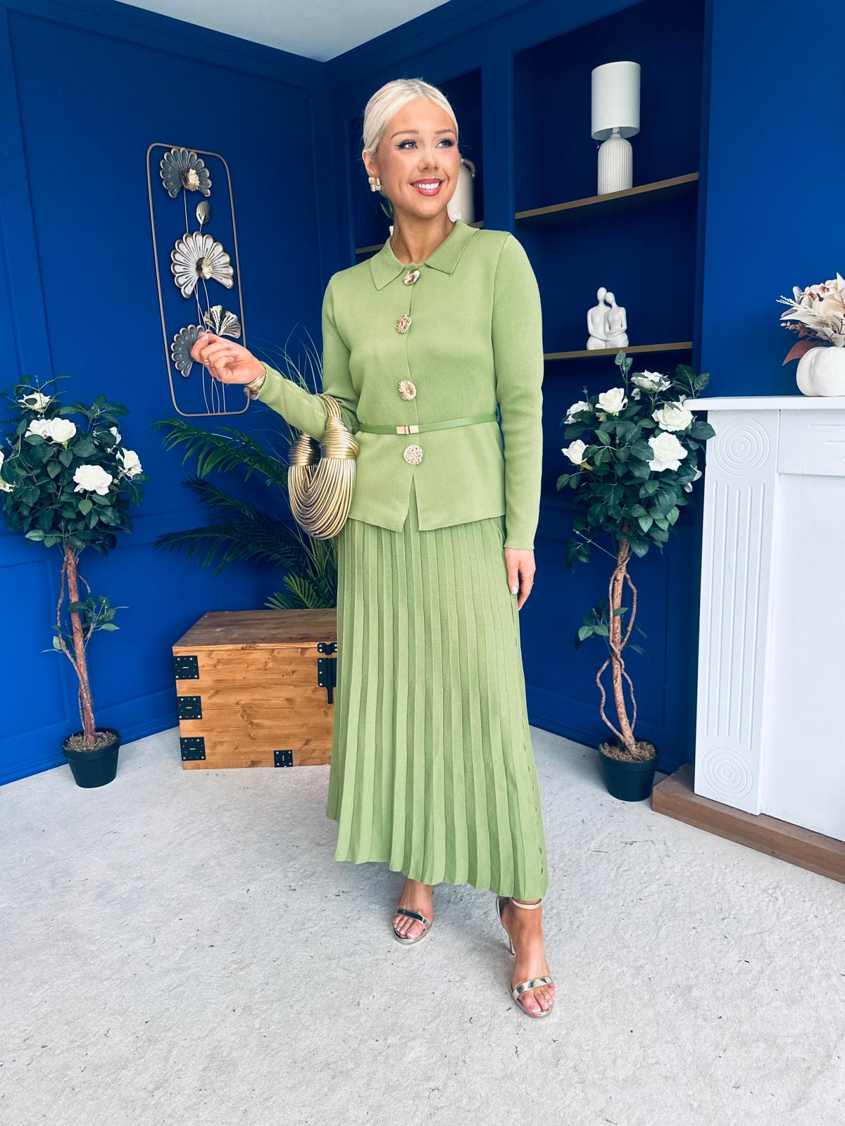 Polly Detailed Skirt & Cardi Set Soft Green