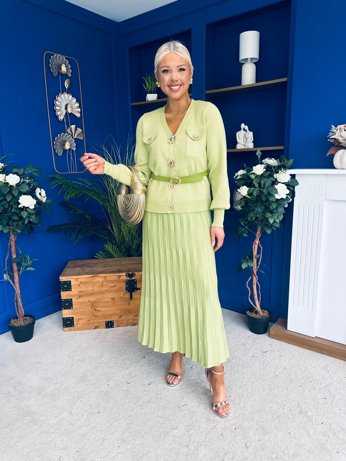 Glenda Detailed Skirt & Cardi Set Soft Green