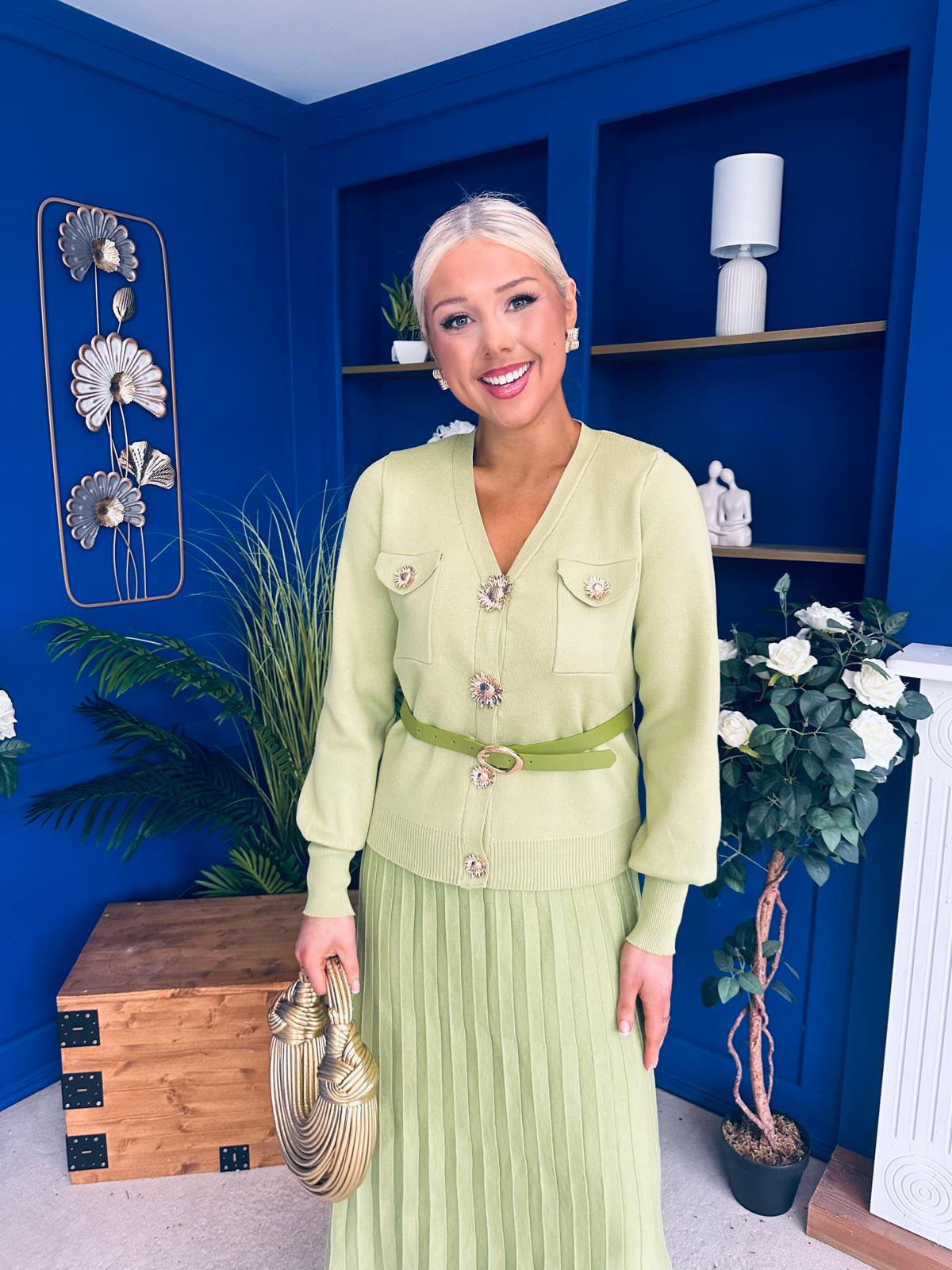 Glenda Detailed Skirt & Cardi Set Soft Green