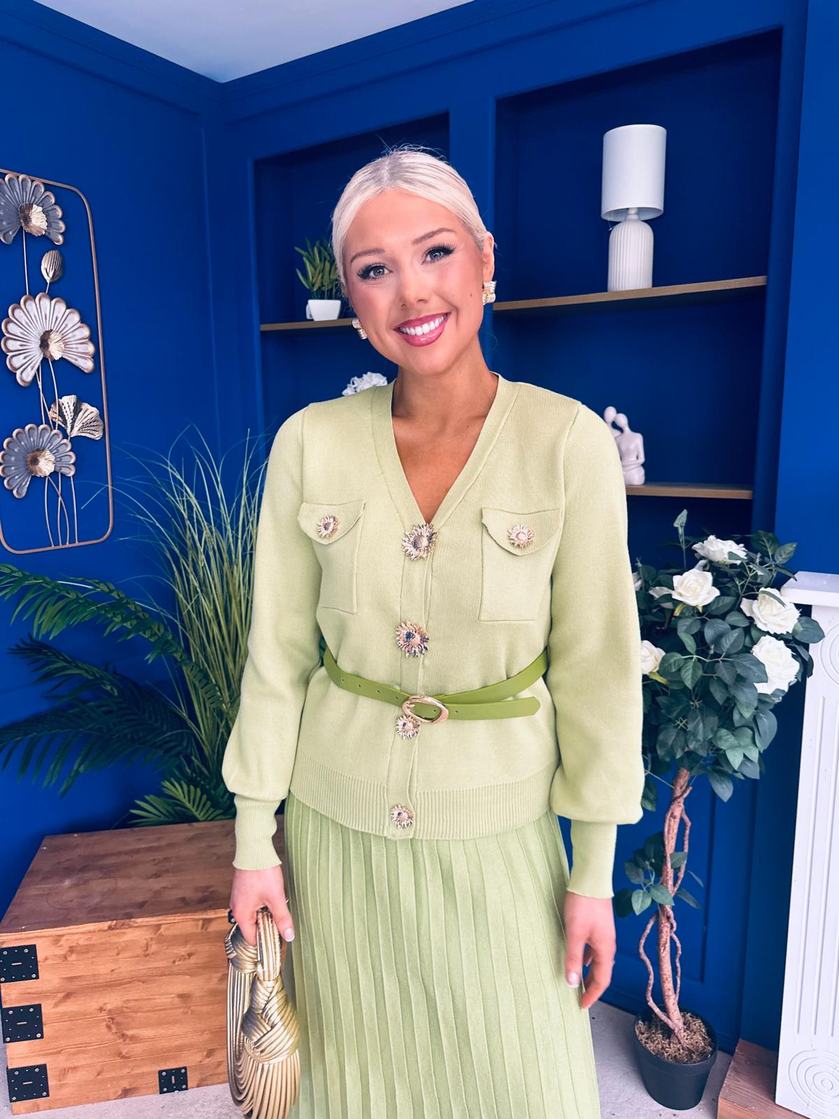 Glenda Detailed Skirt & Cardi Set Soft Green