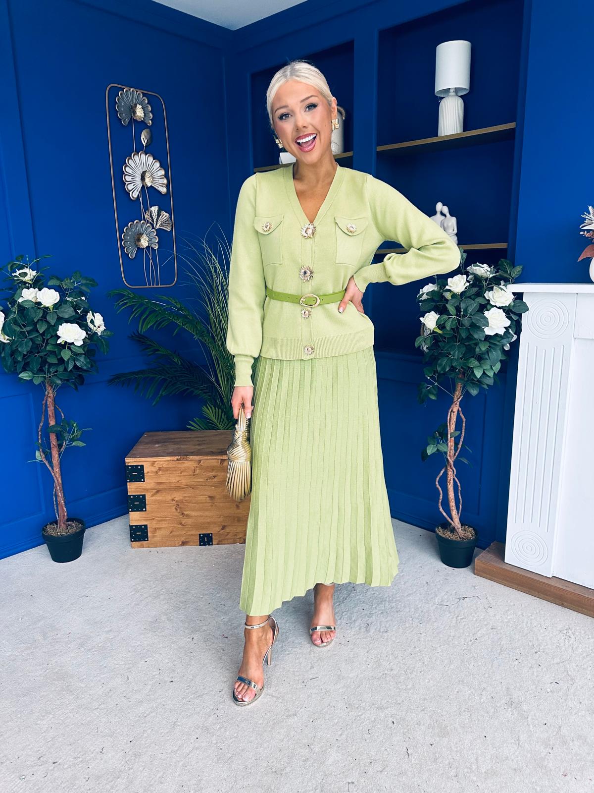 Glenda Detailed Skirt & Cardi Set Soft Green