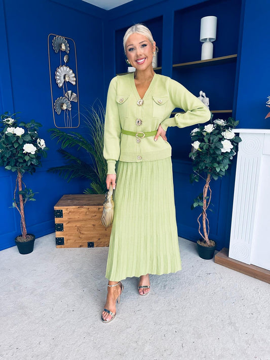 Glenda Detailed Skirt & Cardi Set Soft Green