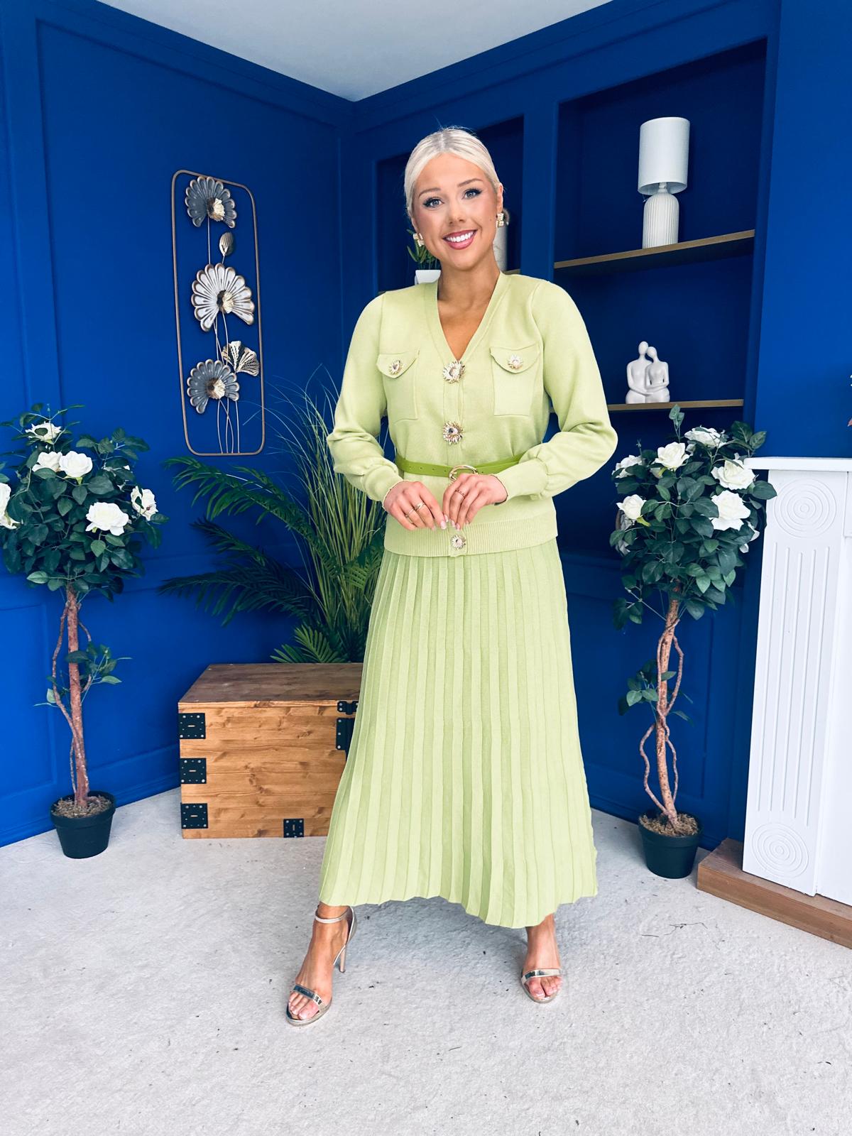 Glenda Detailed Skirt & Cardi Set Soft Green