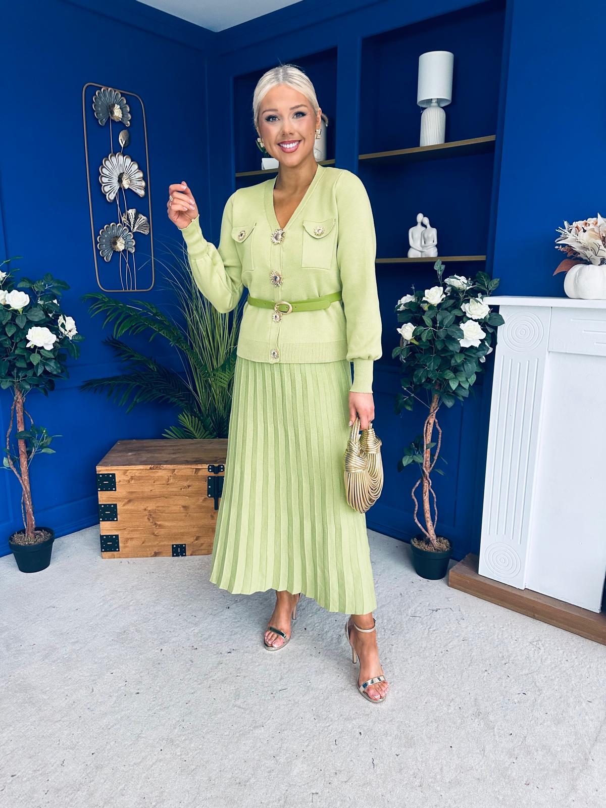 Glenda Detailed Skirt & Cardi Set Soft Green