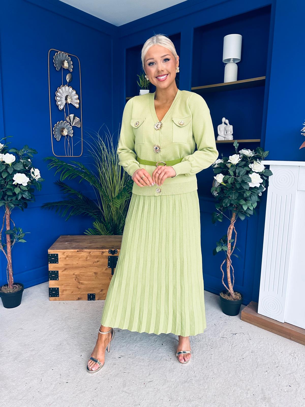 Glenda Detailed Skirt & Cardi Set Soft Green