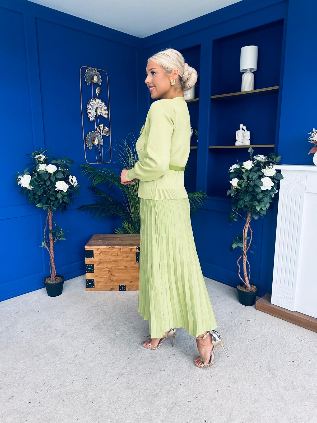 Glenda Detailed Skirt & Cardi Set Soft Green