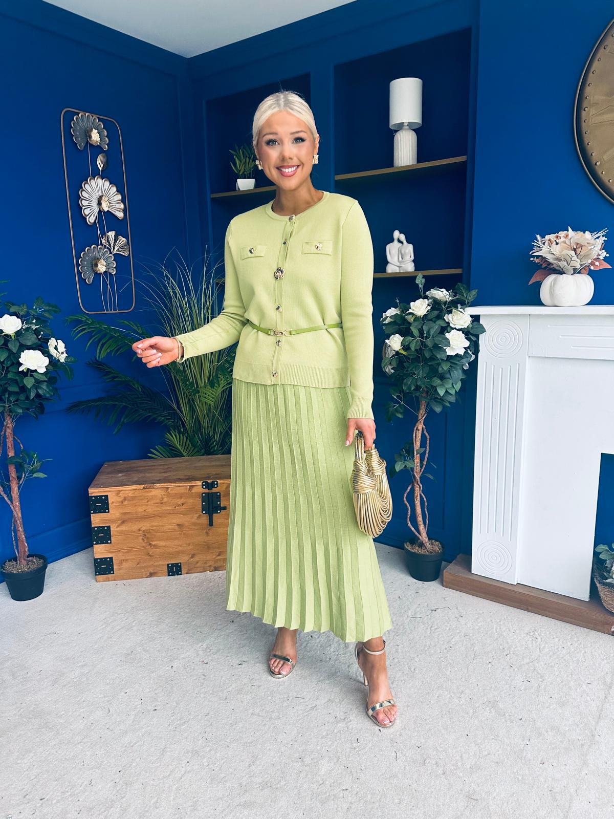 Margaret Detailed Skirt & Cardi Set Soft Green