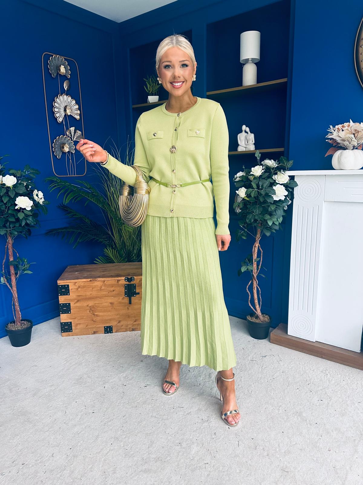 Margaret Detailed Skirt & Cardi Set Soft Green