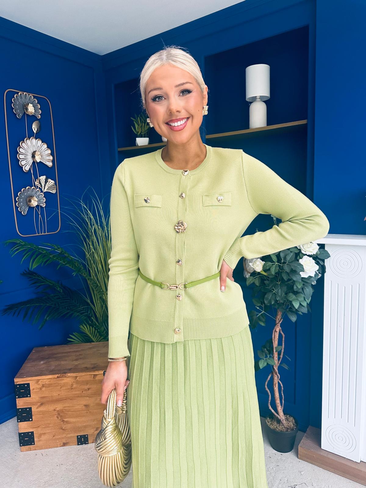 Margaret Detailed Skirt & Cardi Set Soft Green