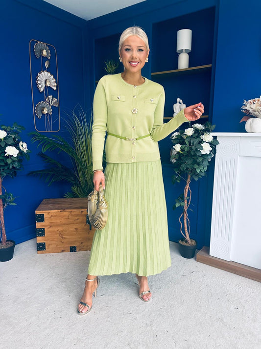 Margaret Detailed Skirt & Cardi Set Soft Green