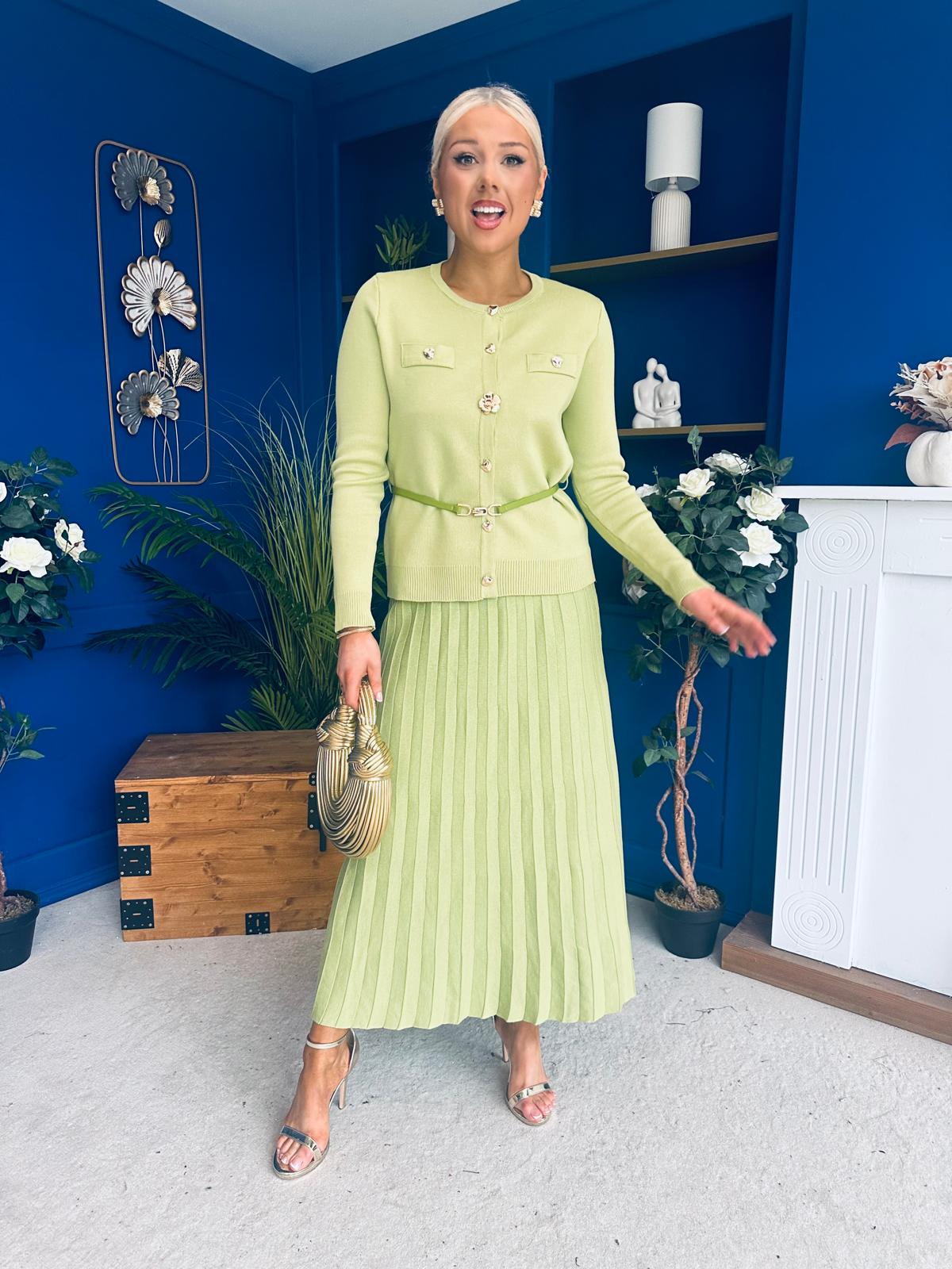 Margaret Detailed Skirt & Cardi Set Soft Green