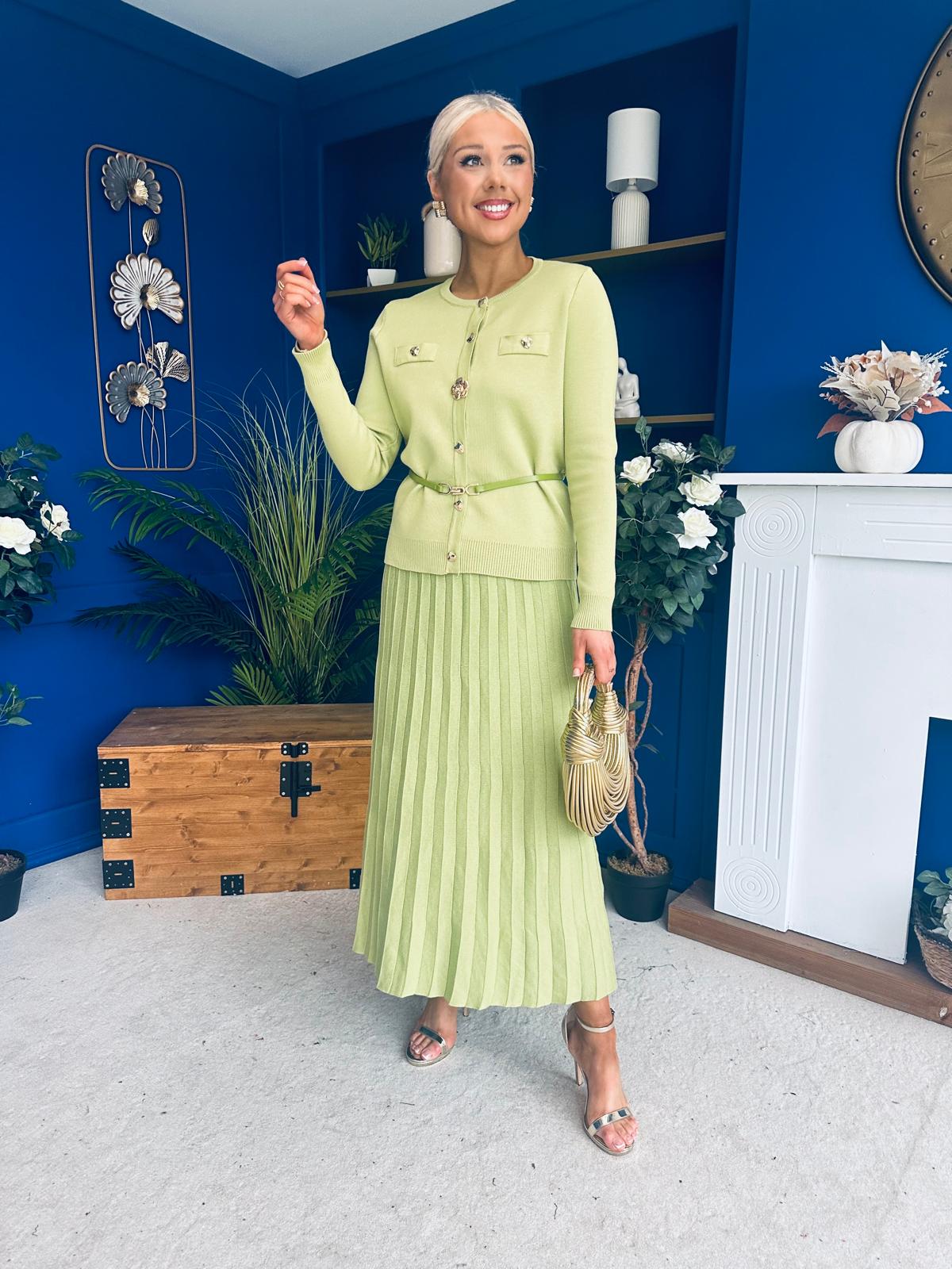 Margaret Detailed Skirt & Cardi Set Soft Green