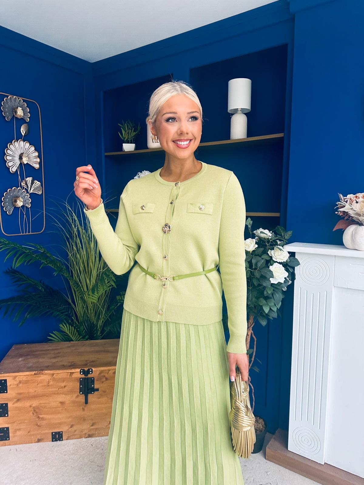 Margaret Detailed Skirt & Cardi Set Soft Green