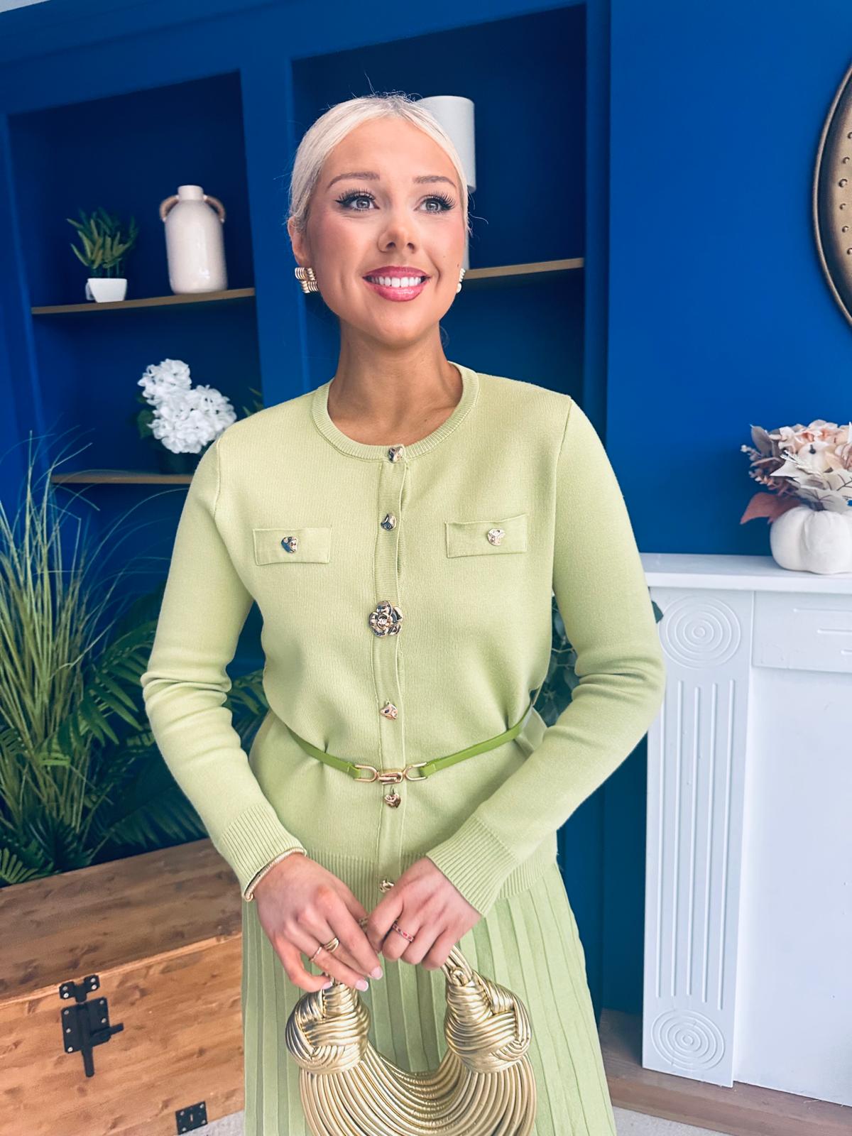 Margaret Detailed Skirt & Cardi Set Soft Green