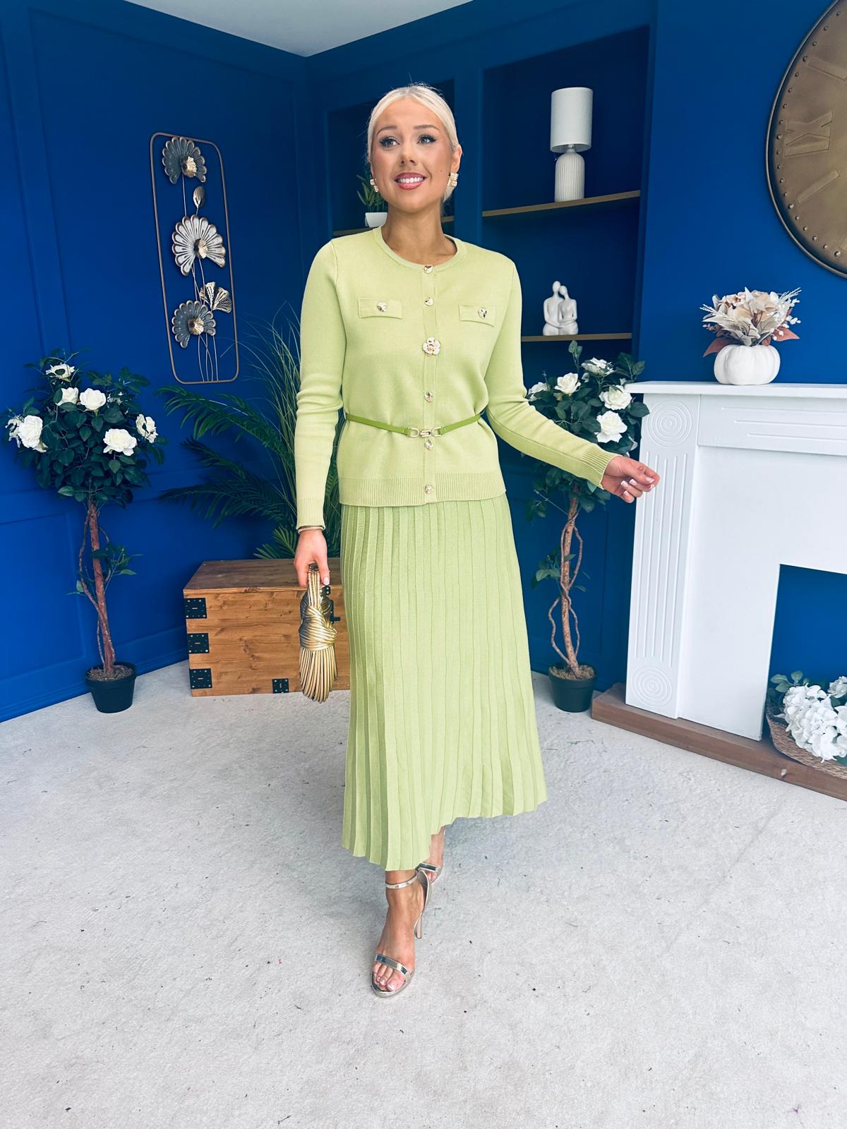 Margaret Detailed Skirt & Cardi Set Soft Green