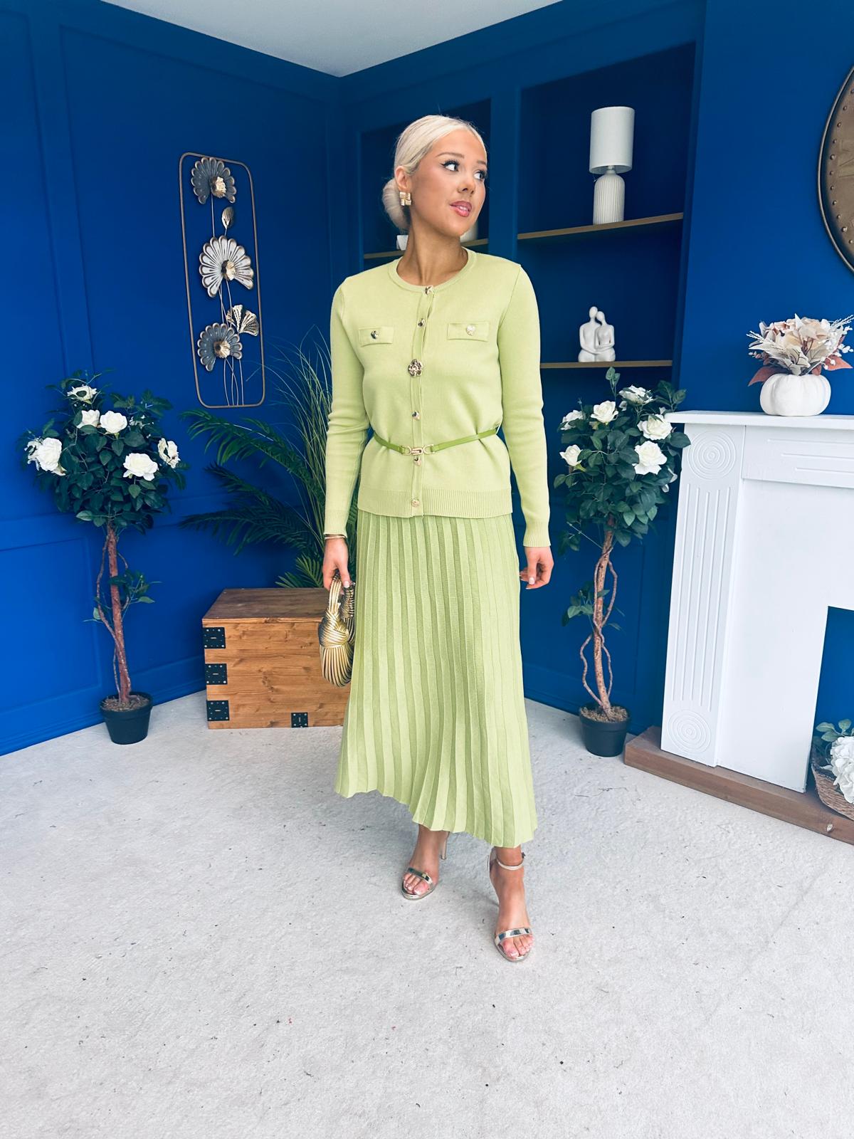 Margaret Detailed Skirt & Cardi Set Soft Green