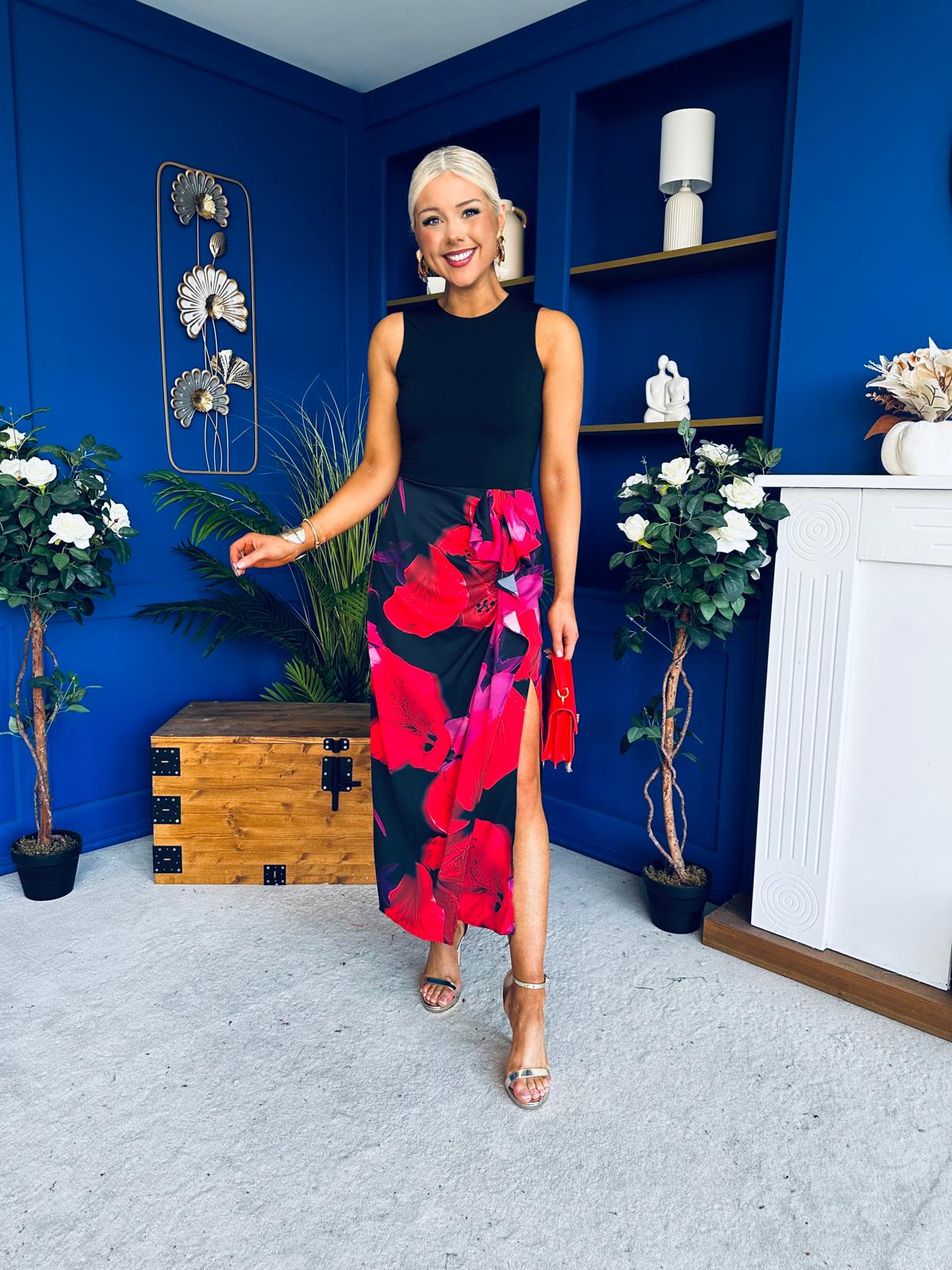 Terri Floral Print 2 in 1 Bow Detail Midi Dress Red