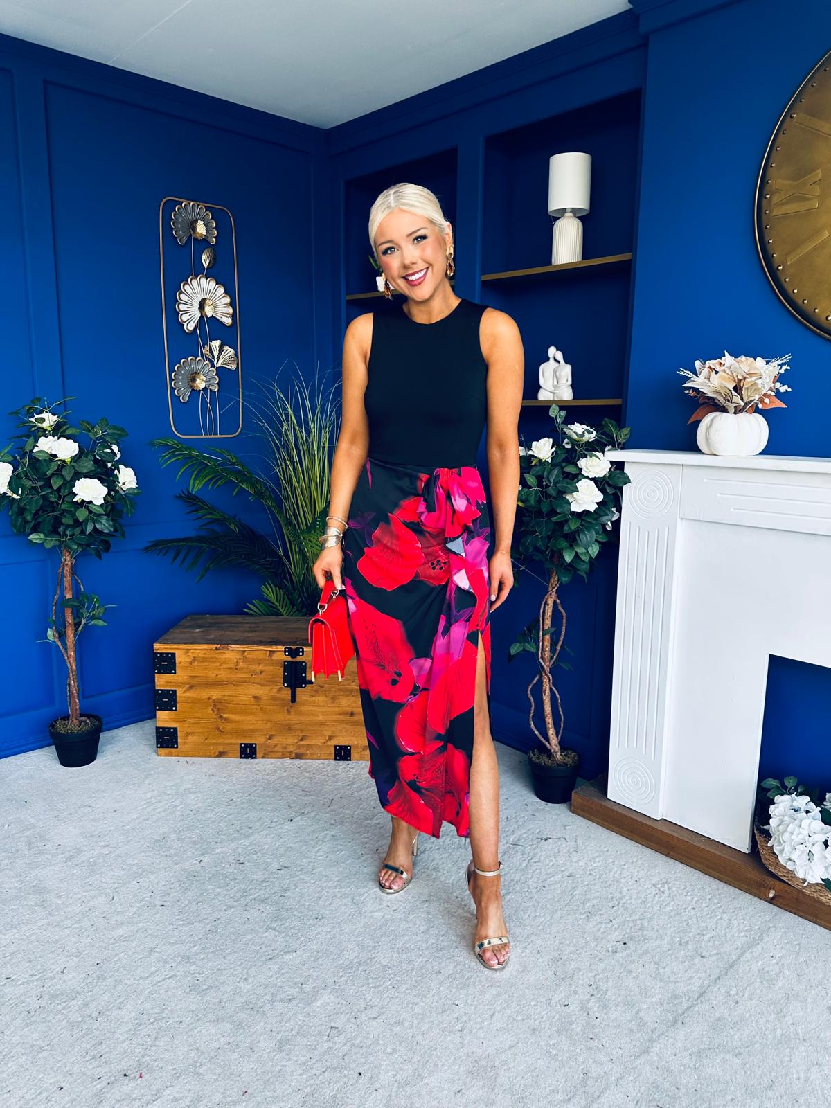 Terri Floral Print 2 in 1 Bow Detail Midi Dress Red
