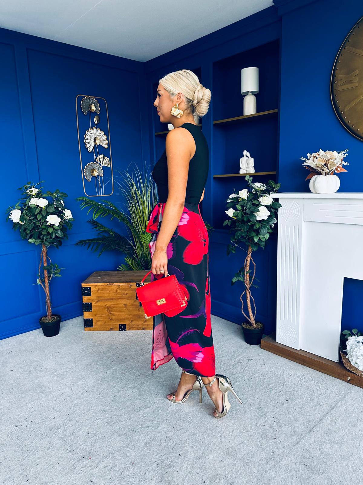Terri Floral Print 2 in 1 Bow Detail Midi Dress Red