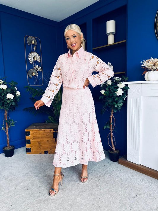 Riley Crochet Shirt & Skirt Set Pwr Pink