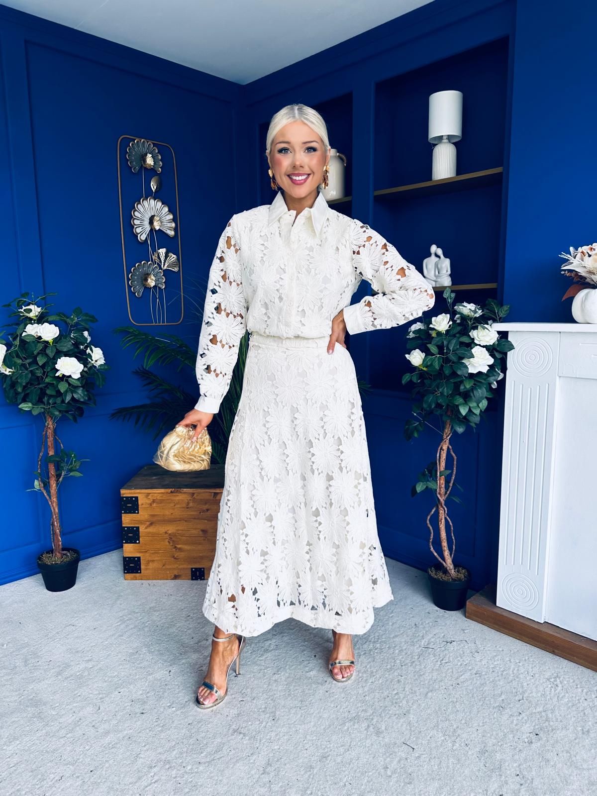 Riley Crochet Shirt & Skirt Set Cream