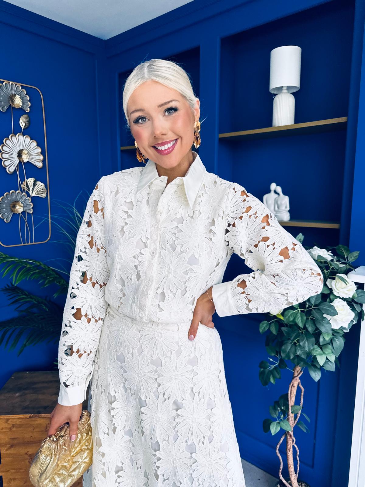 Riley Crochet Shirt & Skirt Set Cream