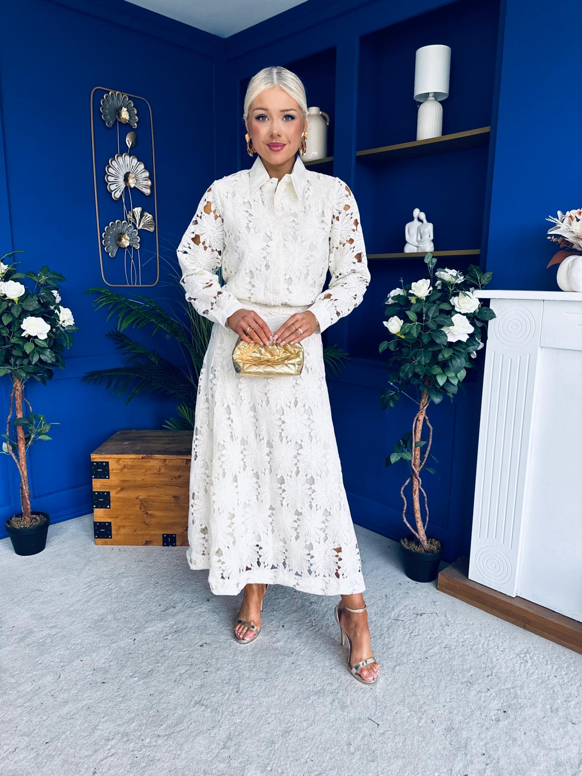 Riley Crochet Shirt & Skirt Set Cream